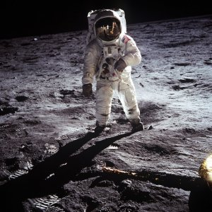 Photo of an astronaut on the Moon.