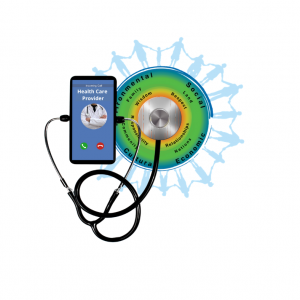 Picture of Cellphone with Healthcare provider on it and a stethoscope leading to an indigenous healing circle