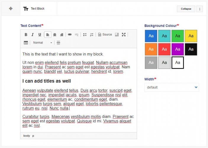 A screenshot showing a Text Block in the Tutorial Page Builder
