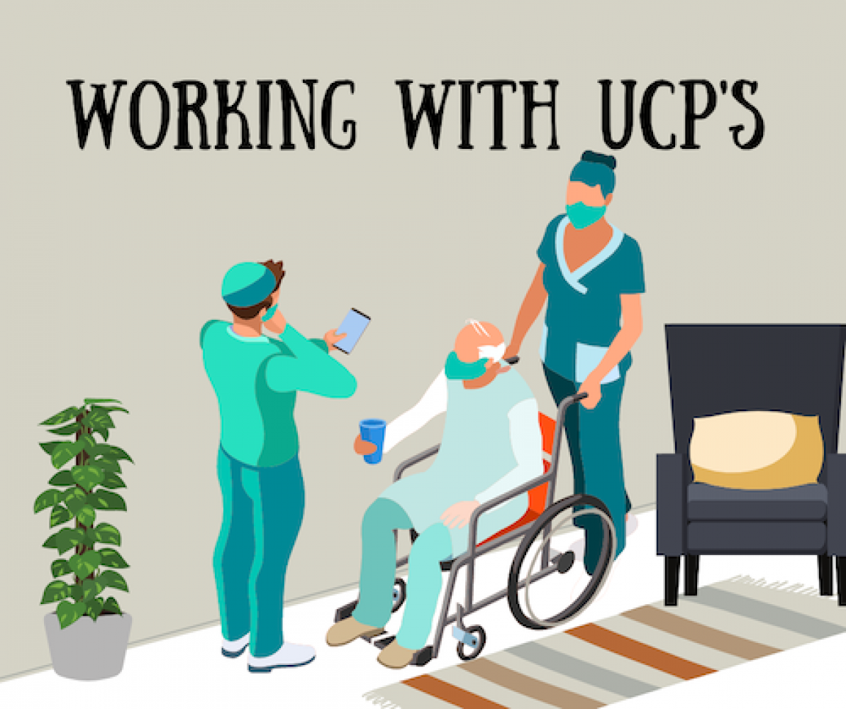 picture of older man in wheelchair with UCP pushing it and a nurse standing in front.